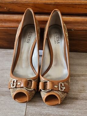 GUESS Tan Peep-Toe Heels with Silver G Logo Detail
